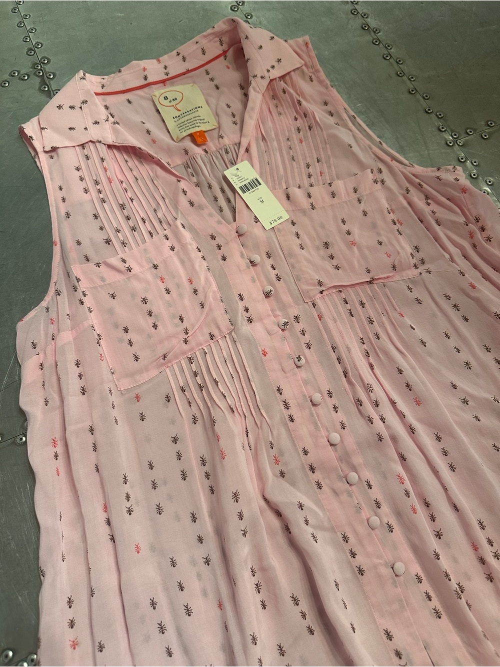 New Anthropologie Pink Sleeveless Button-Front Printed Blouse size medium